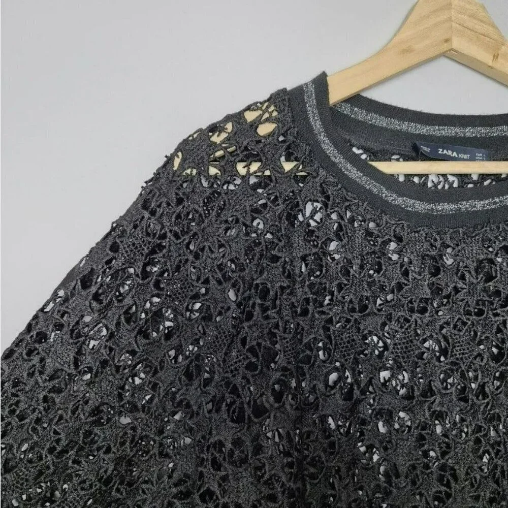 2/$30 Zara Knit Womens Medium Top Floral Crochet Black Lace Long Sleeve Knitwear